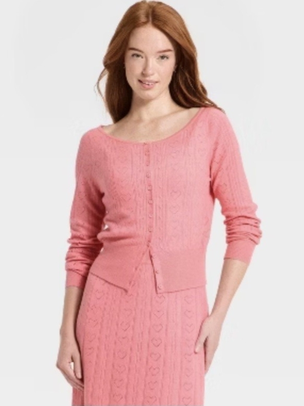 Pink cardigan with Matching Skirt pointelle hearts cables and ribs